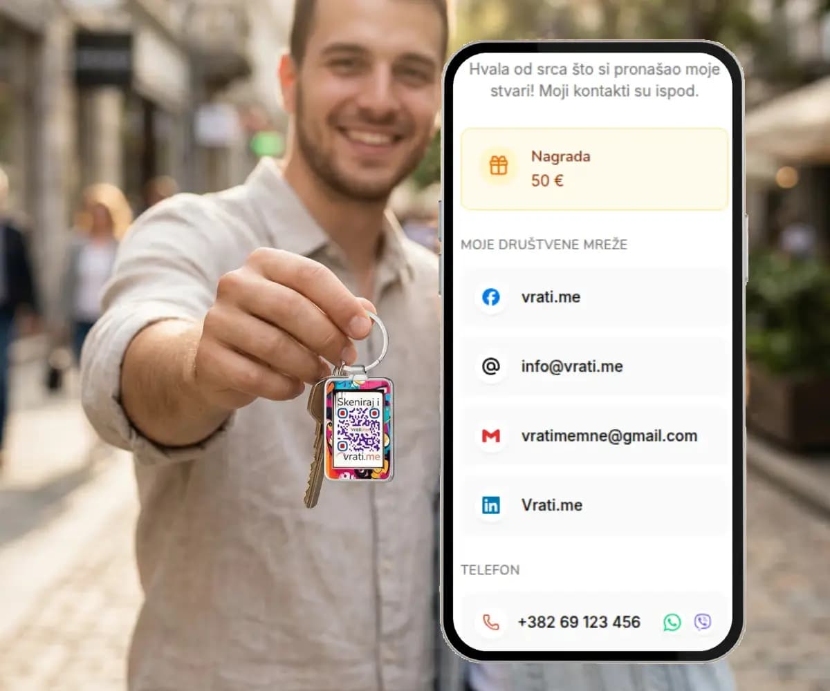 Pronalazač drži ključeve sa vrati.me privjeskom, a telefon prikazuje javni profil vlasnika sa kontaktima i nagradom
